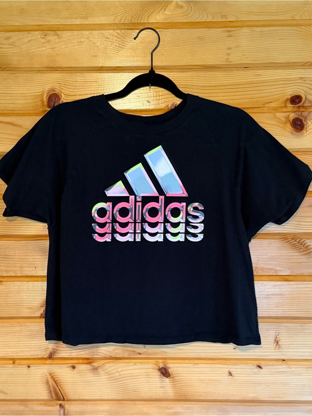 adidas Black Tee with Pastel Multicolor Logo
